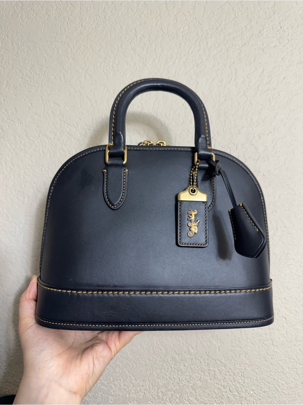 Coach Revel Bag Black Leather Dome Satchel with Gold Accents